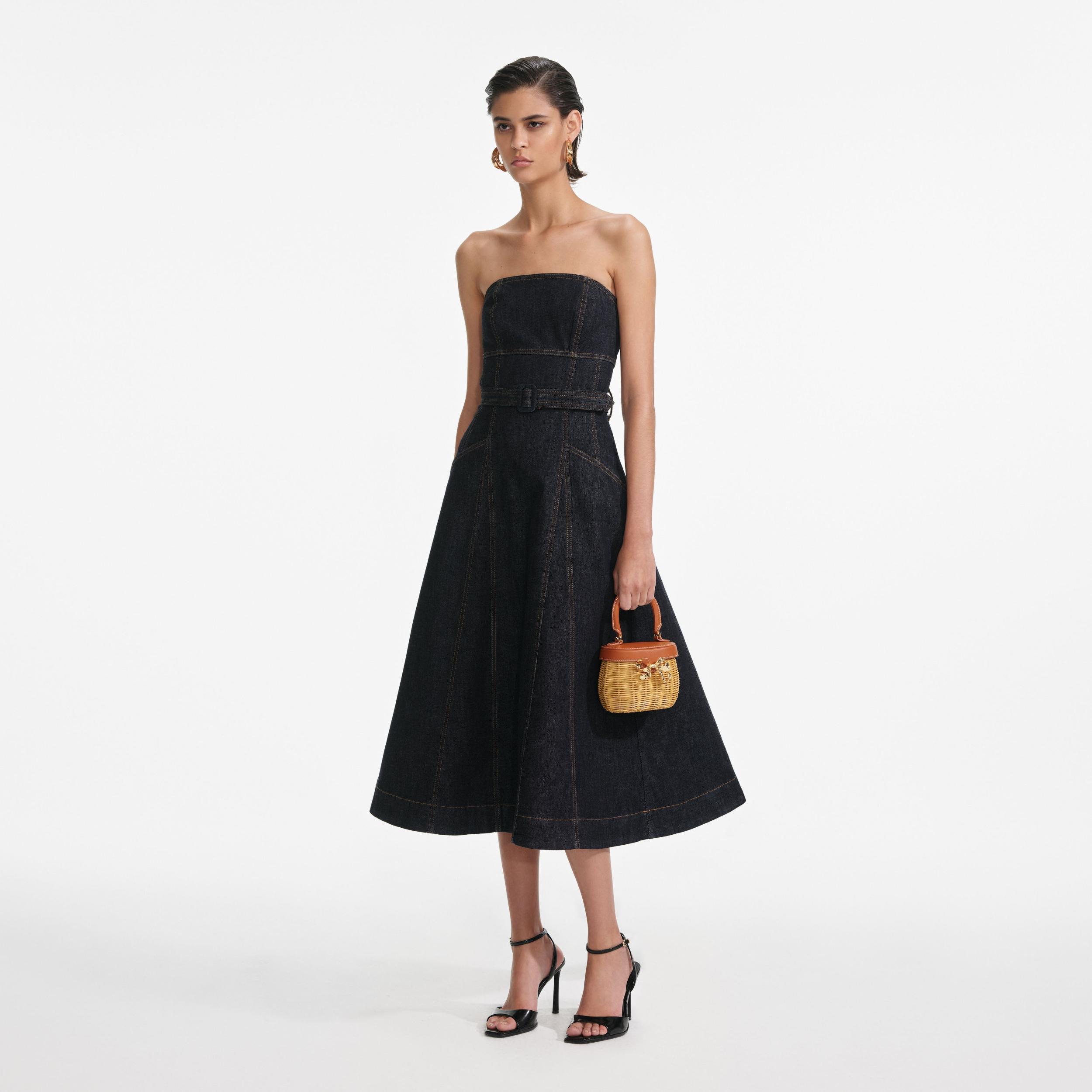 Indigo Denim Bandeau Midi Dress Product Image