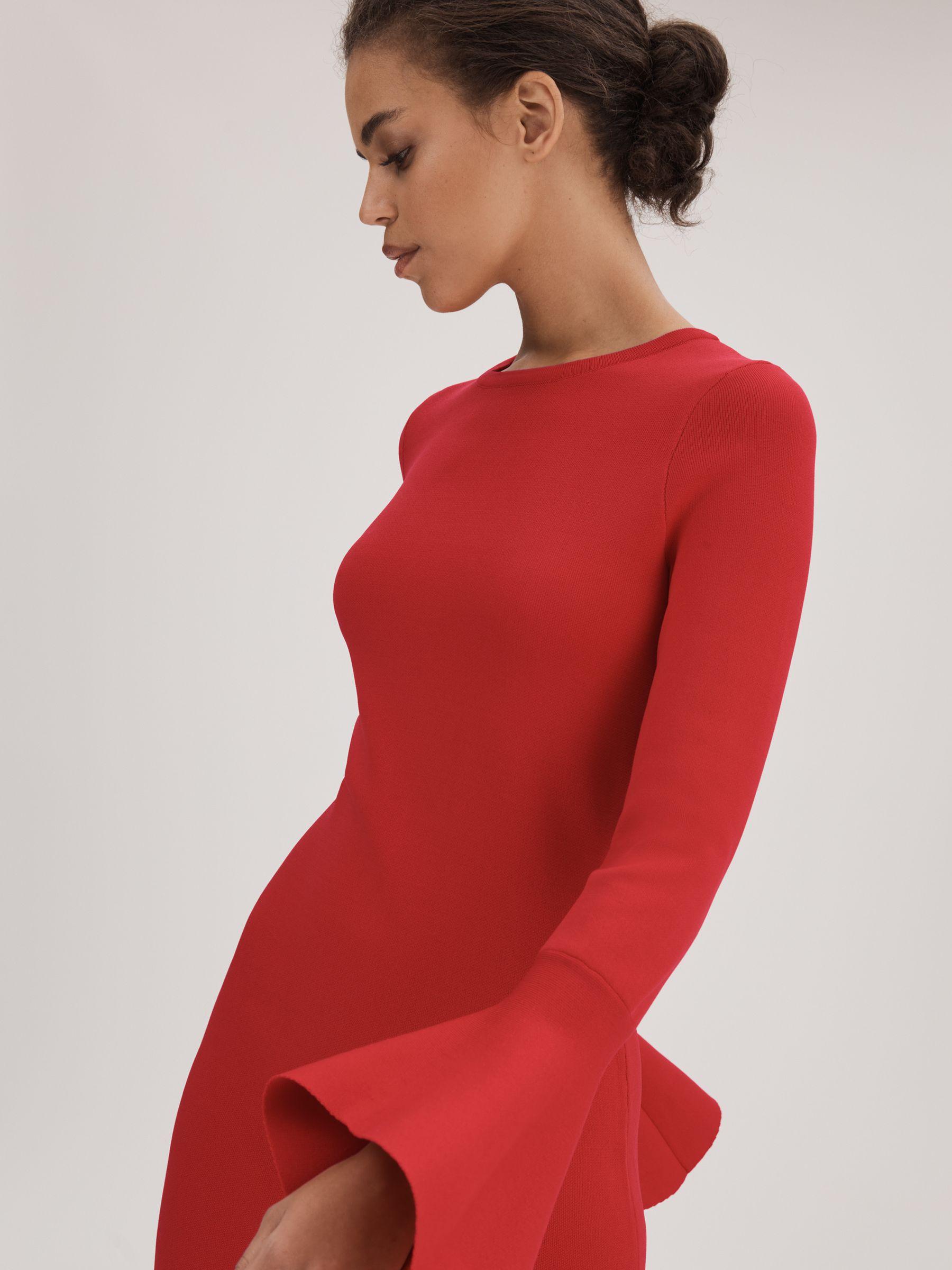 Florere Fitted Fluted Cuff Midi Dress in Red Product Image