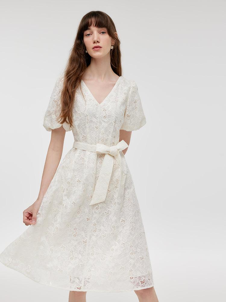 Lace Puff Sleeves Women Midi Dress With Belt Product Image
