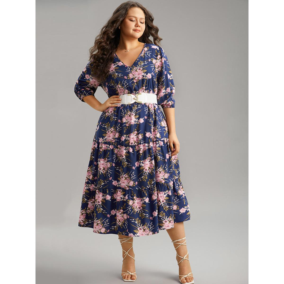 Plus Size Floral Print Shirred Elastic Cuffs Dress DarkBlue Women Elegant Pocket V-neck Elbow-length sleeve Curvy Midi Dress BloomChic 12/L Product Image