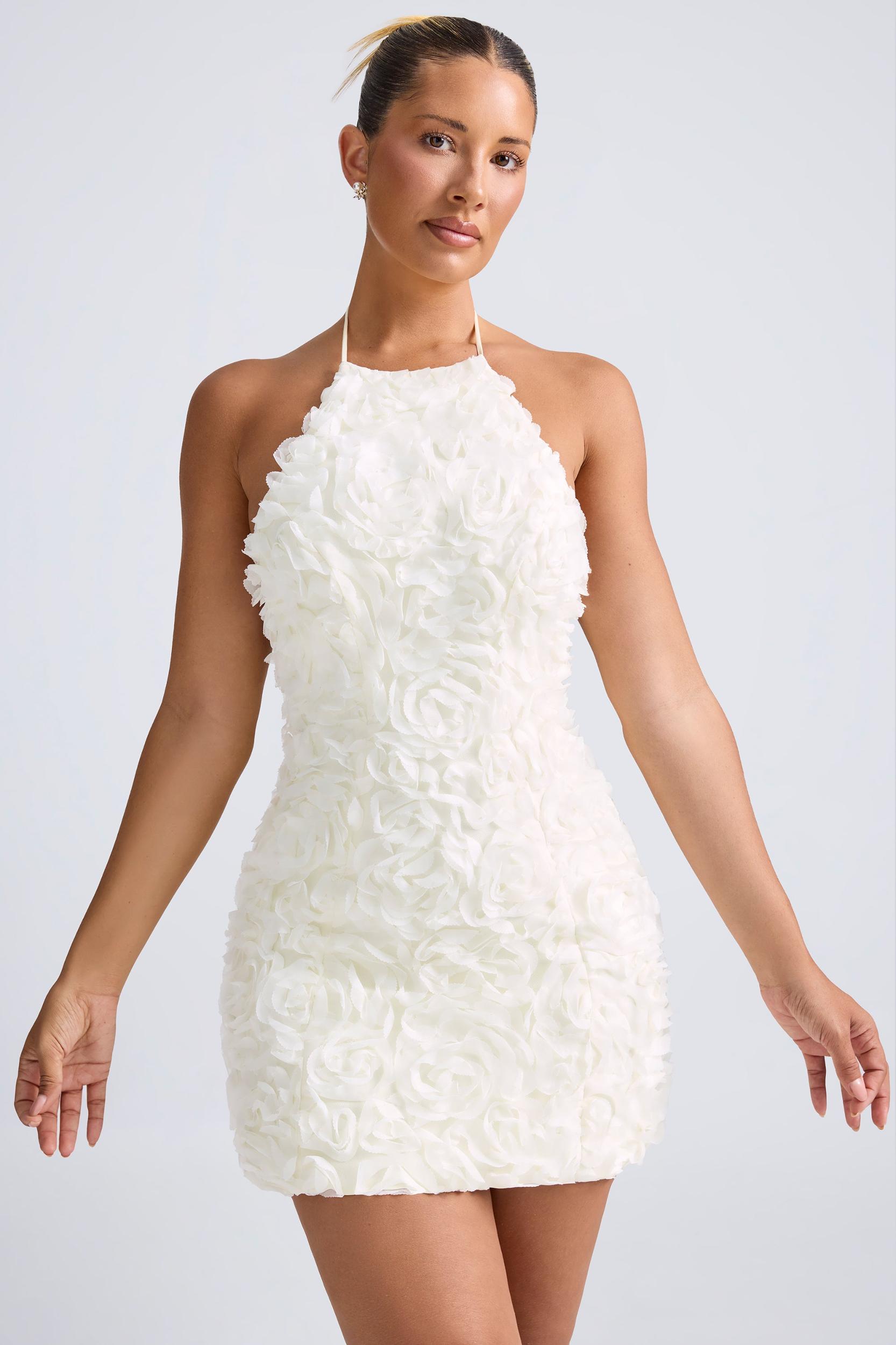 Floral-Appliqué Halterneck A-Line Mini Dress in White Product Image