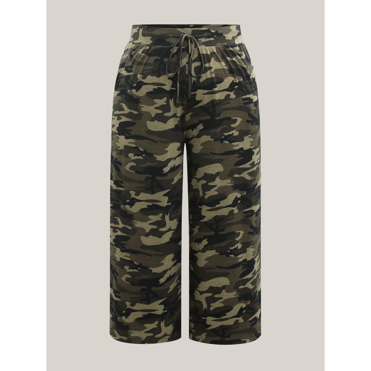 Plus Size Camouflage Print Tie-Waist Wide-Leg Pants Women ArmyGreen Casual Wide Leg Mid Rise Everyday-Casual Pants BloomChic 18-20/2X Product Image