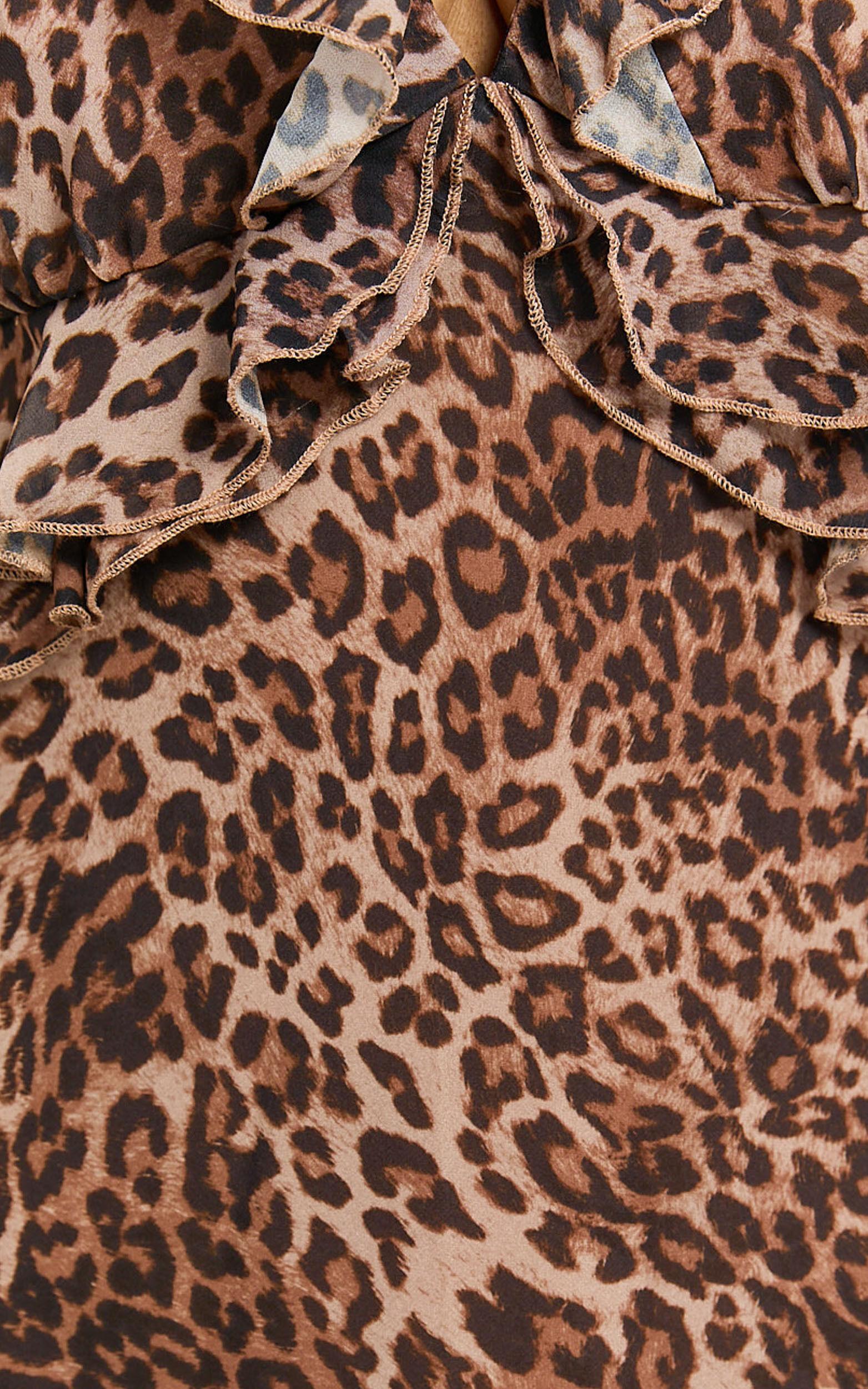 Alessa Maxi Dress - V Neck Frill Detail Empire Waist Back Cut Out Dress in Tonal Leopard Product Image
