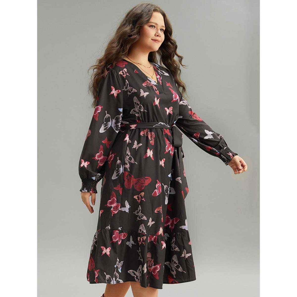 Plus Size Butterfly Print Shirred Belted Layered Dress Black Women Elegant Belted V-neck Long Sleeve Curvy Midi Dress BloomChic 22-24/3X Product Image