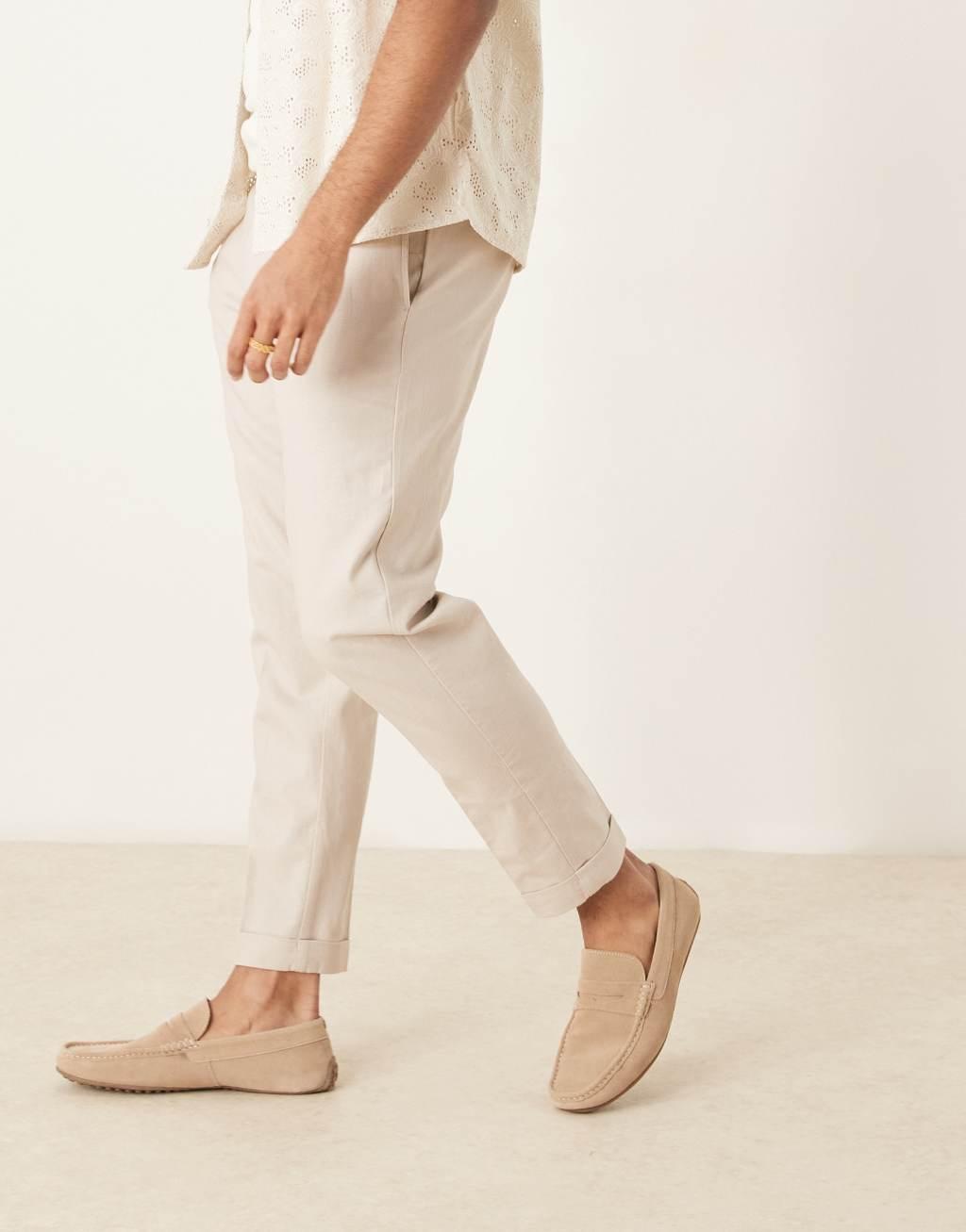 ASOS DESIGN smart tapered fit linen blend pants in stone with turnups Product Image