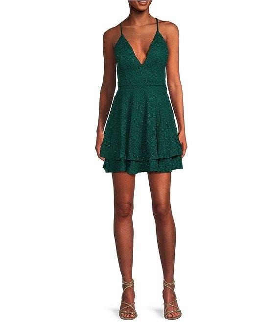 Honey and Rosie Lace Bra Back Double Hem Glittered Lace Fit & Flare Dress Product Image