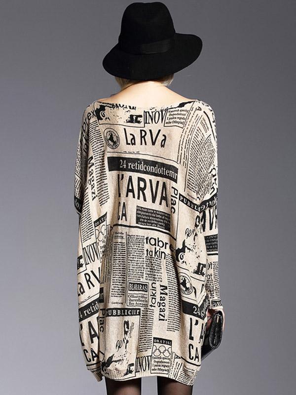 Vintage Loose One-Shoulder Newspaper Printed Split-Joint Sweater Product Image