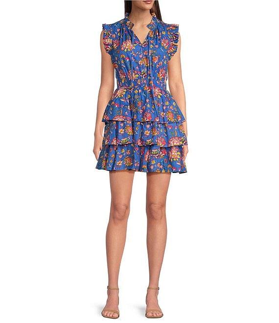 Ro's Garden Bimba Woven Floral Print Split Tie Neck Flutter Sleeve Tiered Mini Dress Product Image