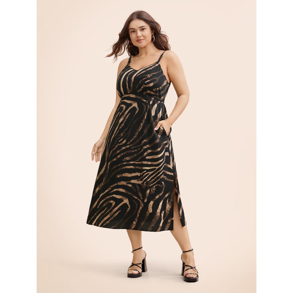 Plus Size V Neck Striped Split Hem Midi Dress Black Women Elegant Slit V-neck Sleeveless Curvy BloomChic 12/L Product Image