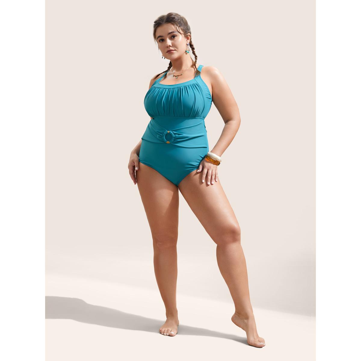 Plus Size Solid Buckle Detail Gathered One Piece Swimsuit Women's Swimwear Teal Beach Non Curve Bathing Suits High stretch One Pieces BloomChic 14-16/1X Product Image