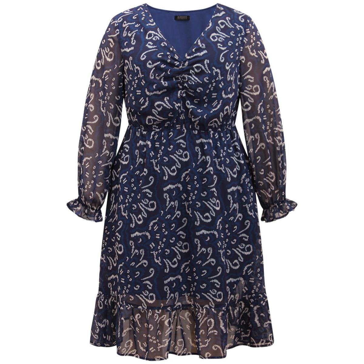 Plus Size Geometric Pocket Ruched Mesh Dress Cerulean Women Office Gathered V-neck Long Sleeve Curvy Midi Dress BloomChic 28/5X Product Image