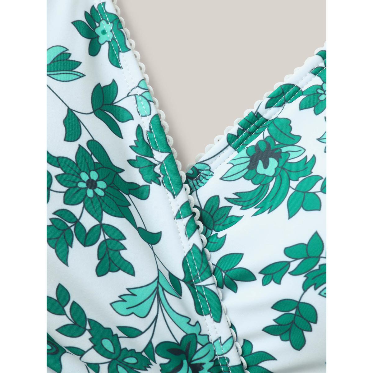 Plus Size Anti-Float Tie Floral Swim Dress Women's Swimwear DarkGreen Resort Bodycon Overlap Collar High stretch Curve Swim Dresses BloomChic 26/4X Product Image