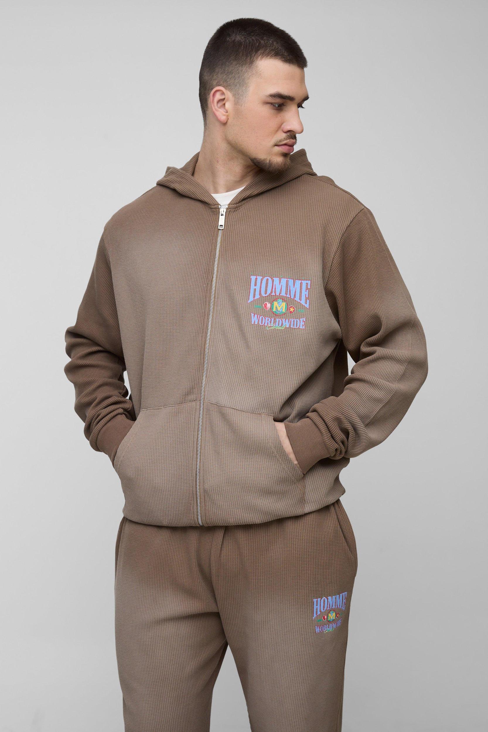 Tall Spray Wash Waffle Graphic Hooded Tracksuit | boohooMAN USA Product Image