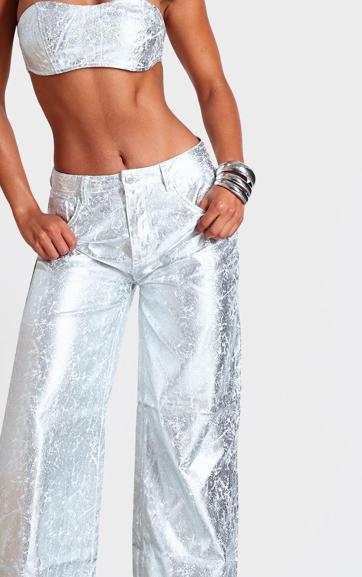 Silver Coated Crackle Effect Denim Wide Leg Jeans Product Image