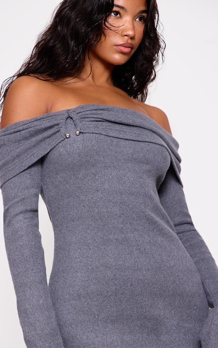 Charcoal Heavy Brushed Rib Bardot Trim Maxi Dress Product Image