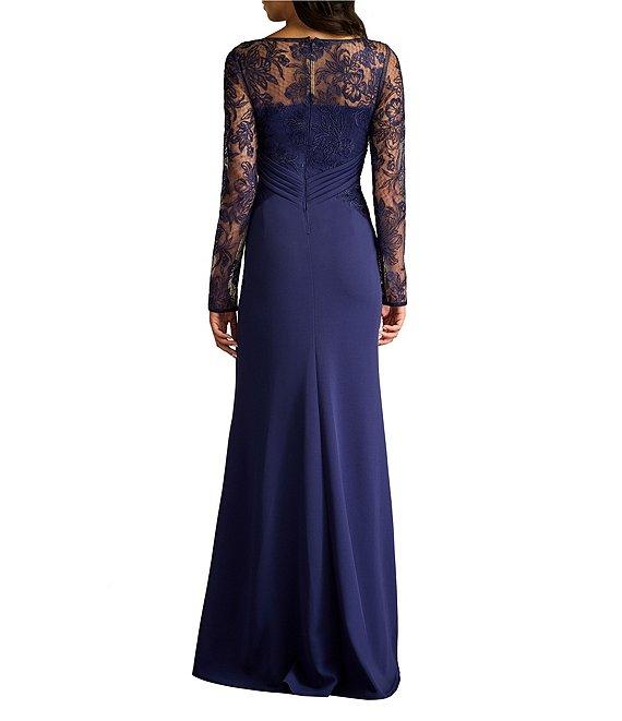 Tadashi Shoji Illusion Lace Long Sleeve Twist Front Crepe Aline Gown Product Image