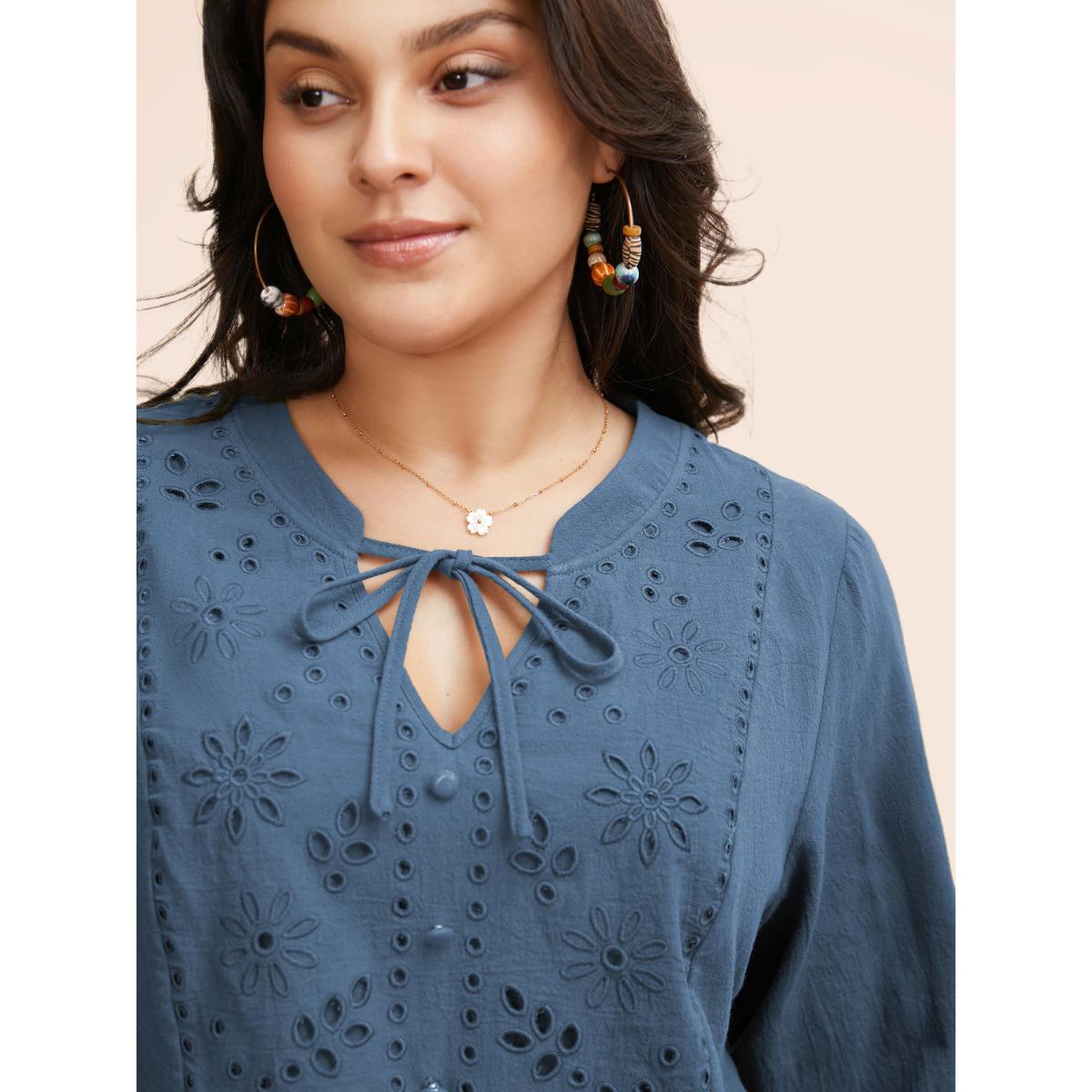 Plus Size Aegean Broderie Anglaise Tie Knot Lantern Sleeve Blouse Women Boho Elbow-length sleeve Notched collar Vacation Blouses BloomChic 18-20/2X Product Image