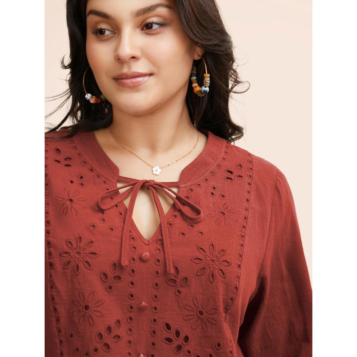 Plus Size Russet Broderie Anglaise Tie Knot Lantern Sleeve Blouse Women Boho Elbow-length sleeve Notched collar Vacation Blouses BloomChic 28/5X Product Image