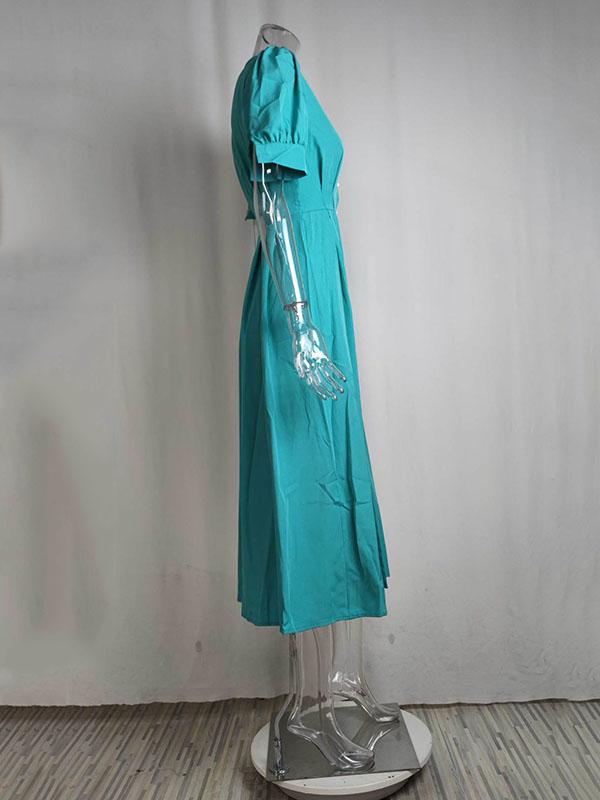 High Waisted Loose Buttoned Round-Neck Midi Dresses Product Image