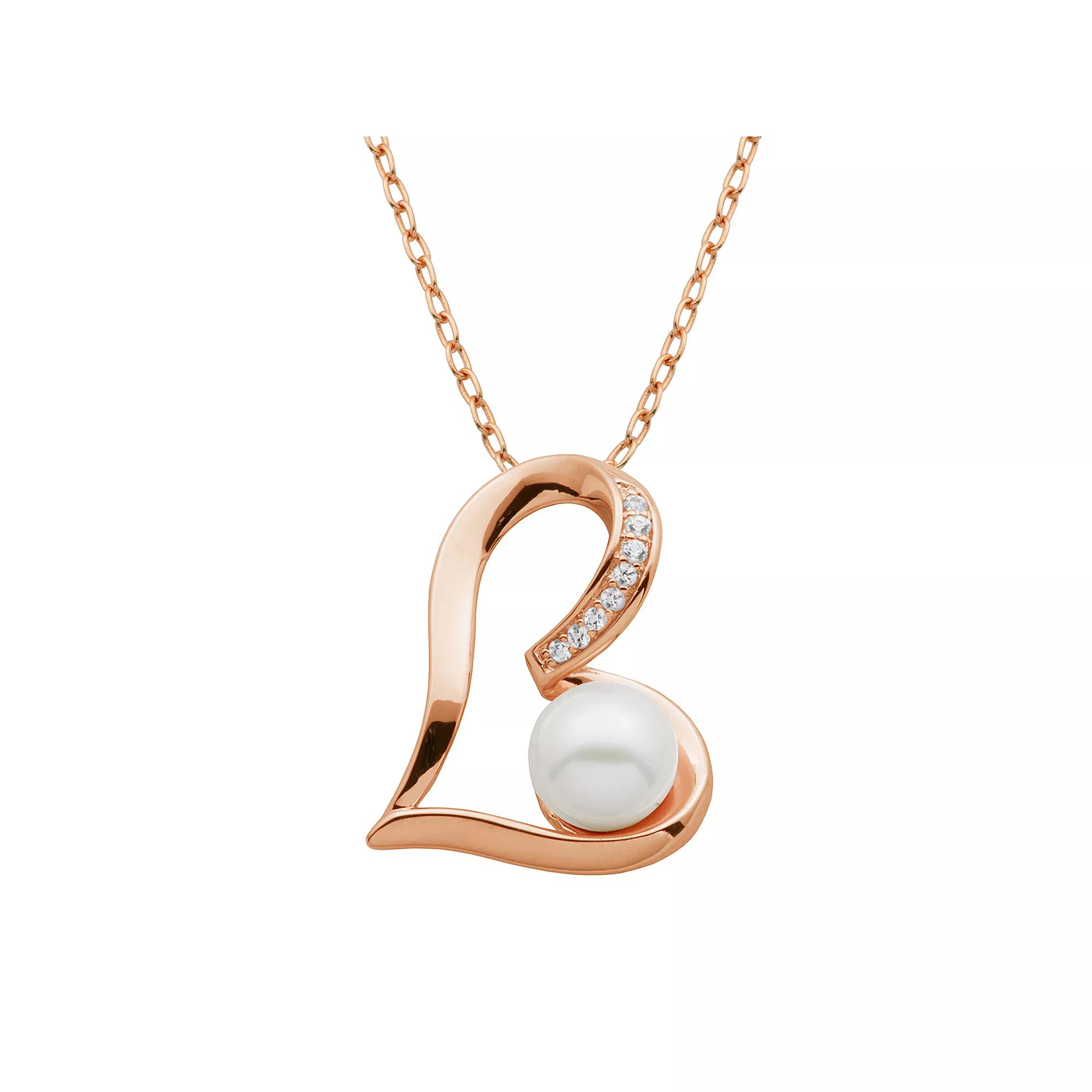 Freshwater Cultured Pearl and Lab-Created White Sapphire 18k Rose Gold Over Silver Heart Pendant Necklace, Women's, Size: 18" Product Image