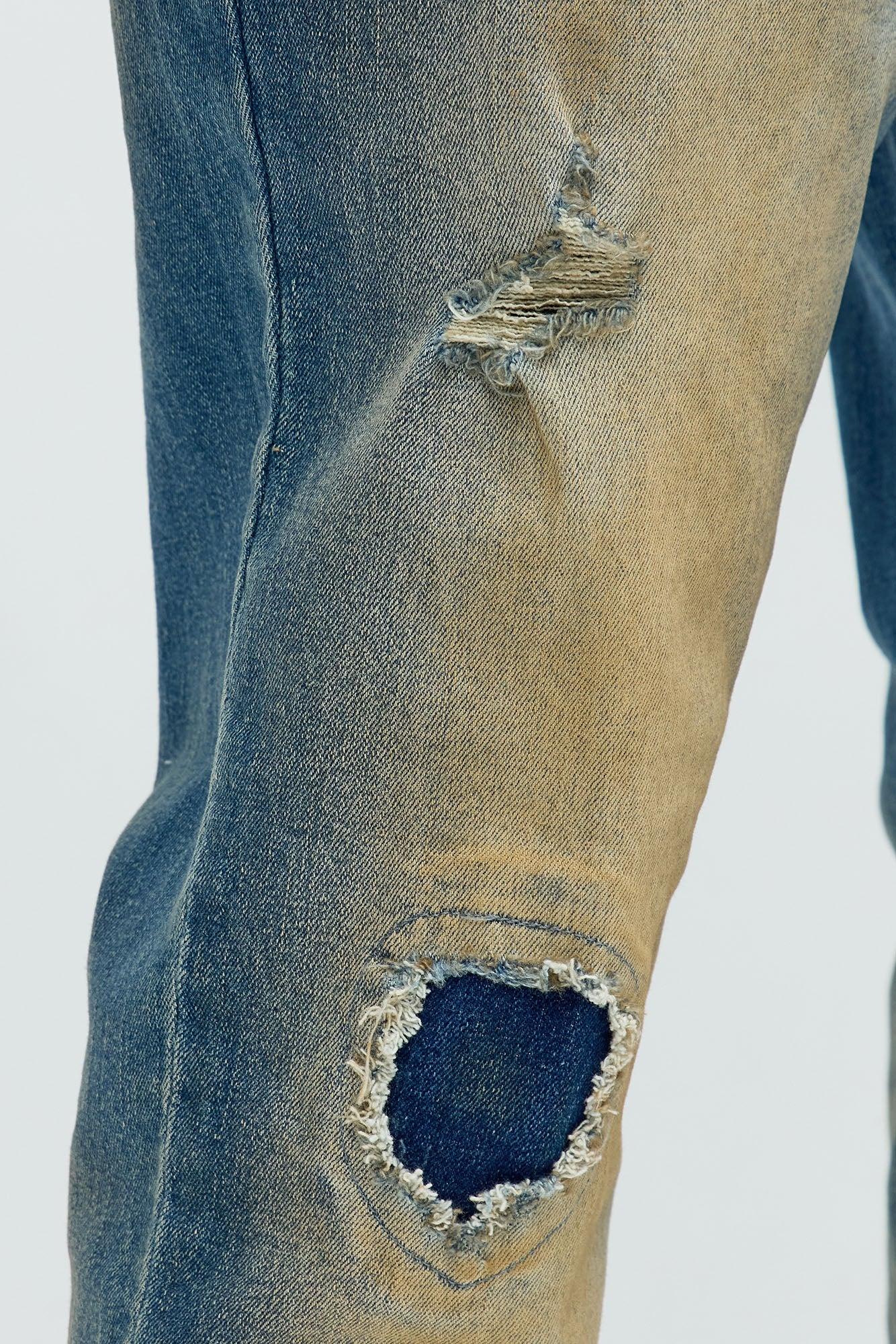 Skinny Going In Circles Repaired Distressed Jeans - Vintage Blue Wash Male Product Image