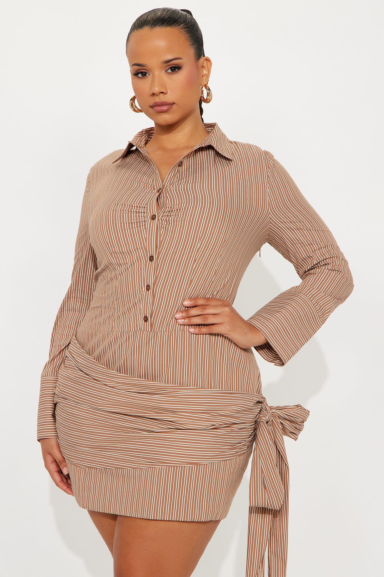 Bria Draped Pinstripe Shirt Mini Dress - Taupe Female Product Image