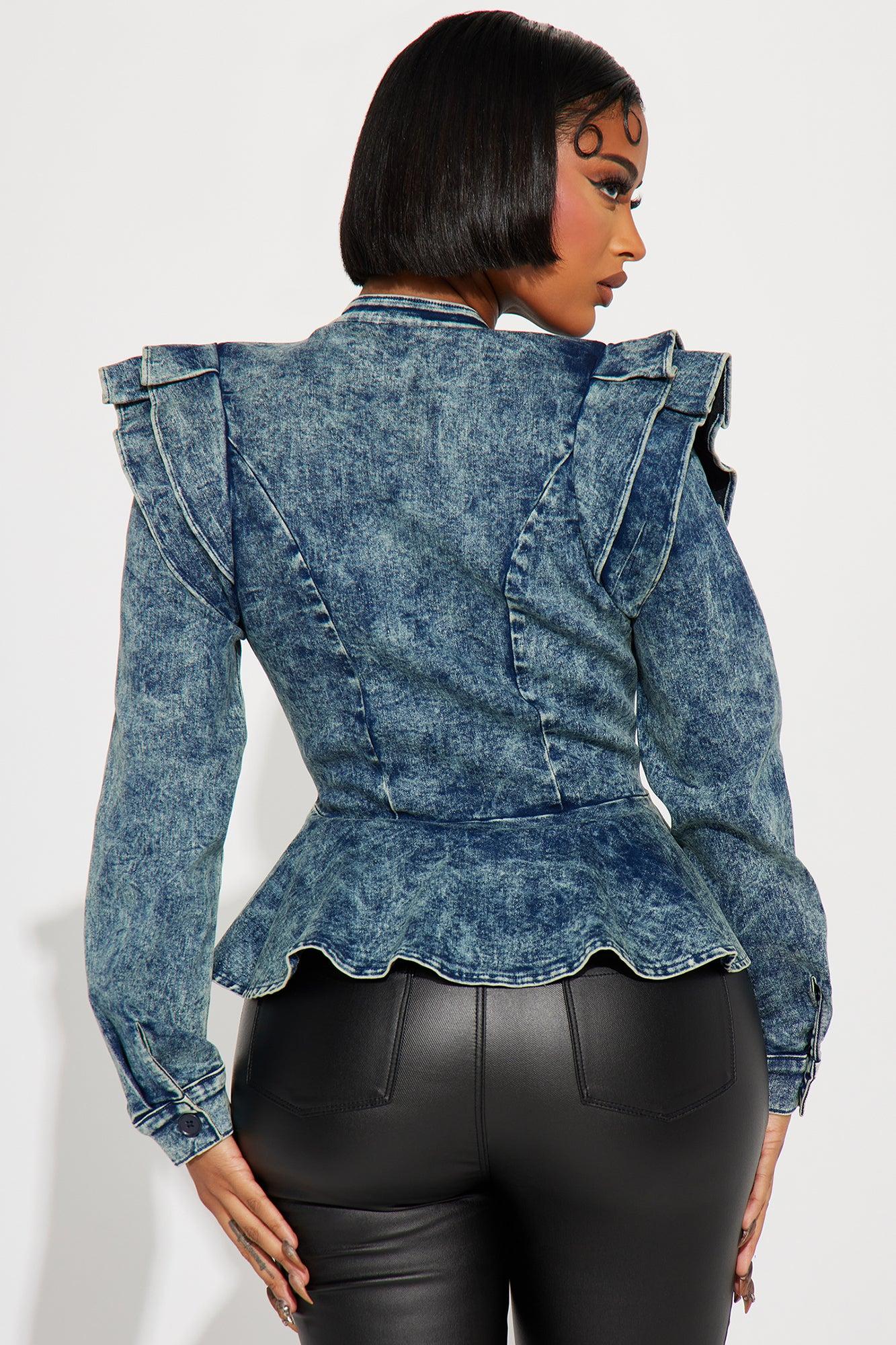 Denim Queen Peplum Jacket - Medium Blue Wash Product Image