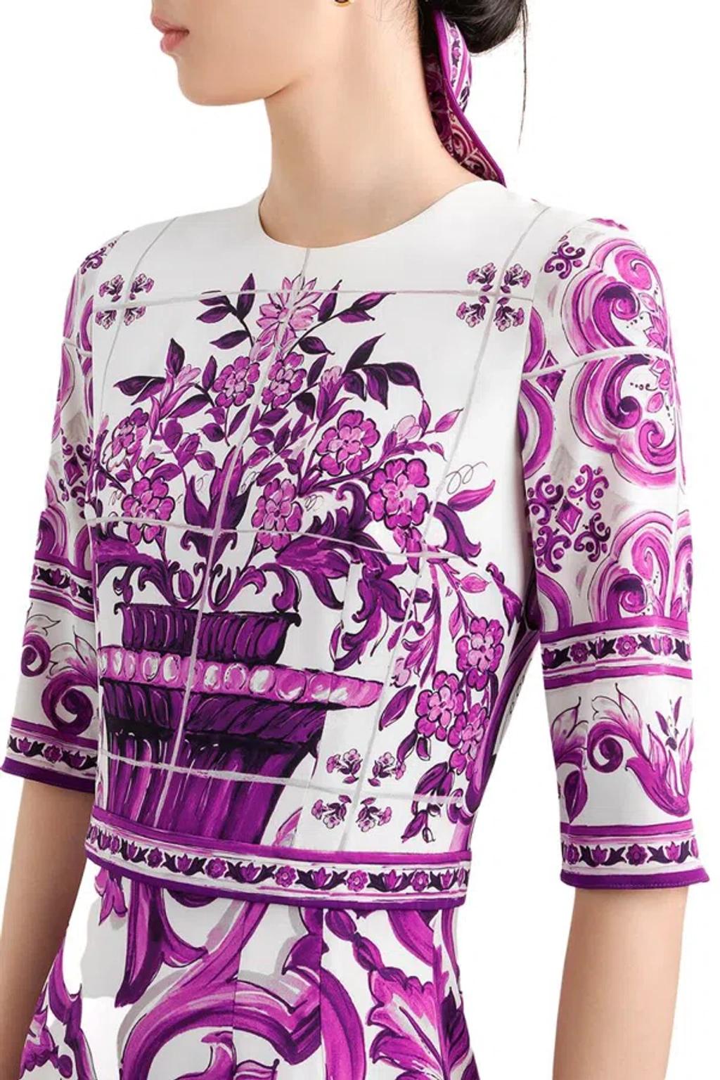DOLCE & GABBANA Violet Crewneck Dress With Rear Zip Closure And All-over Floral Print In Silk Stretch Woman In Purple Product Image