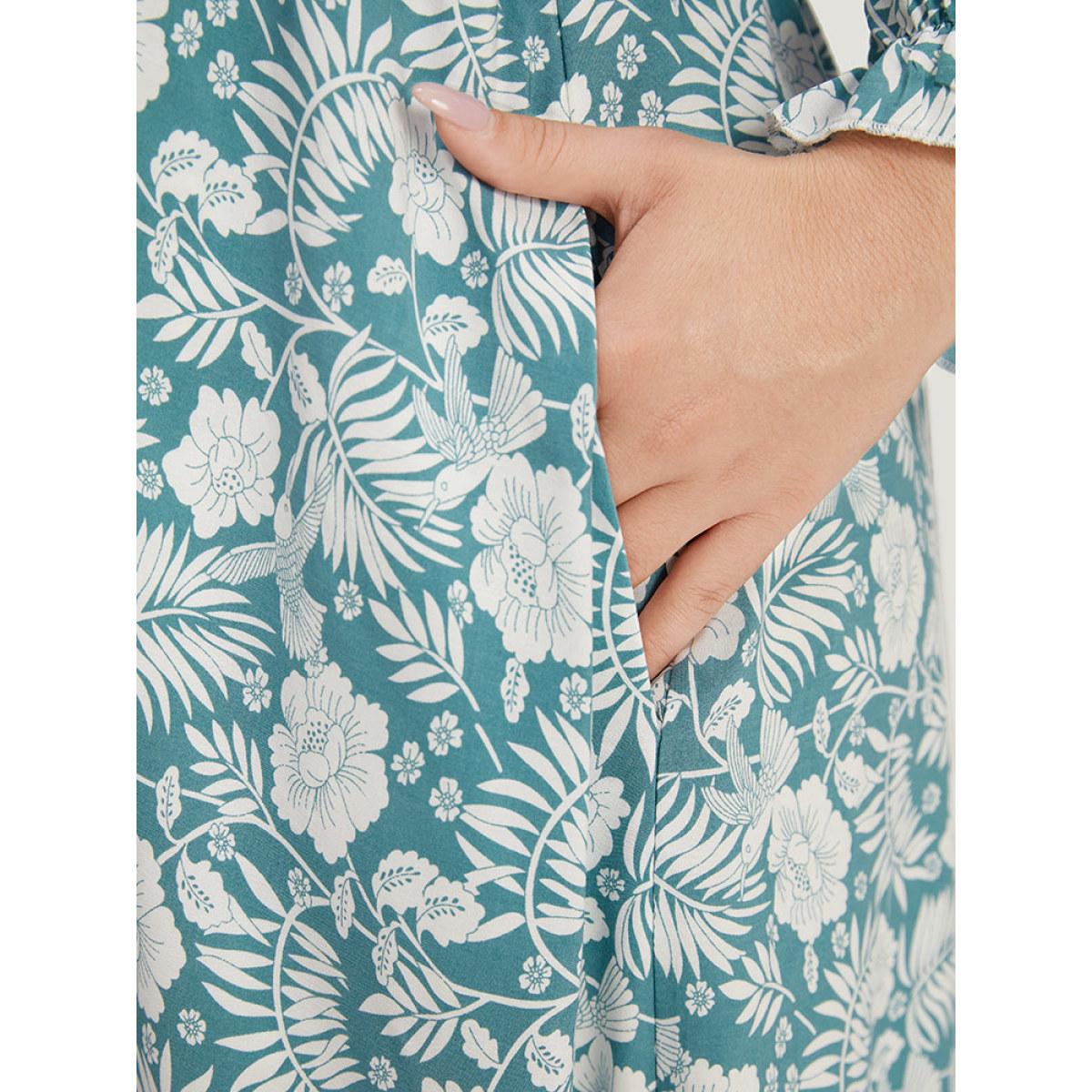 Plus Size Floral Print Pocket Surplice Neck Ruffle Trim Dress Turquoise Women Vacation Elastic cuffs V-neck Elbow-length sleeve Curvy Midi Dress BloomChic 14-16/1X Product Image