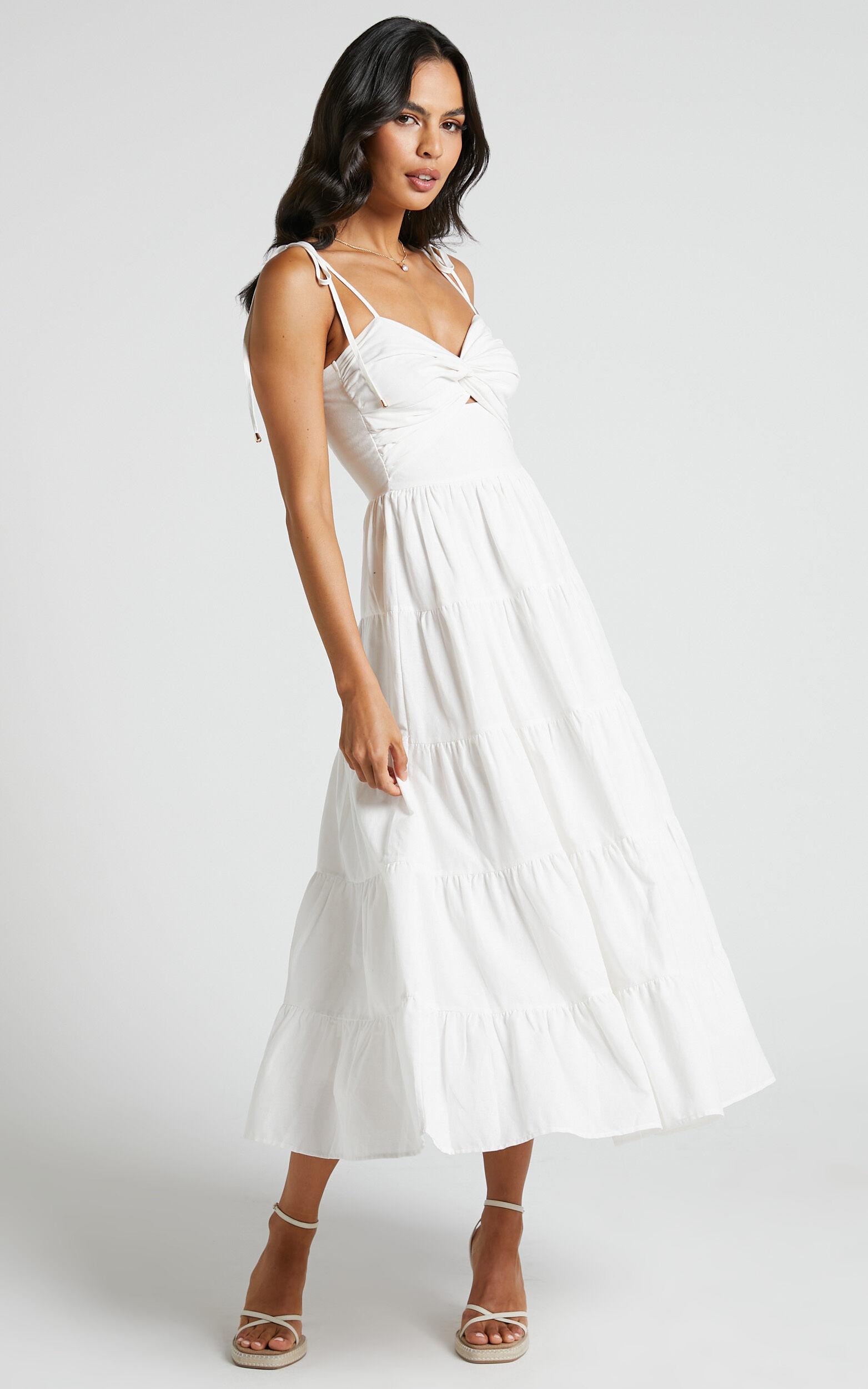 Leticia Midi Dress - Twist Front Tie Strap Tiered Dress in Off White Product Image