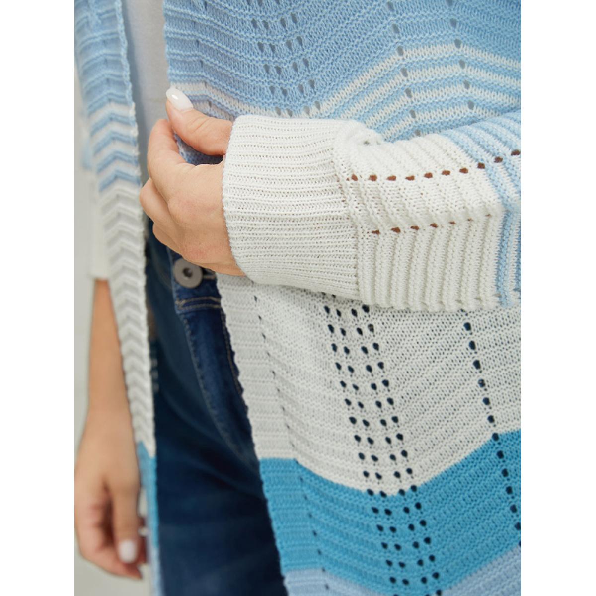 Plus Size Ombre Geo Eyelet Tunic Open Front Elastic Cuffs Cardigan Blue Women Casual Loose Long Sleeve Dailywear Cardigans BloomChic 14-16/1X Product Image