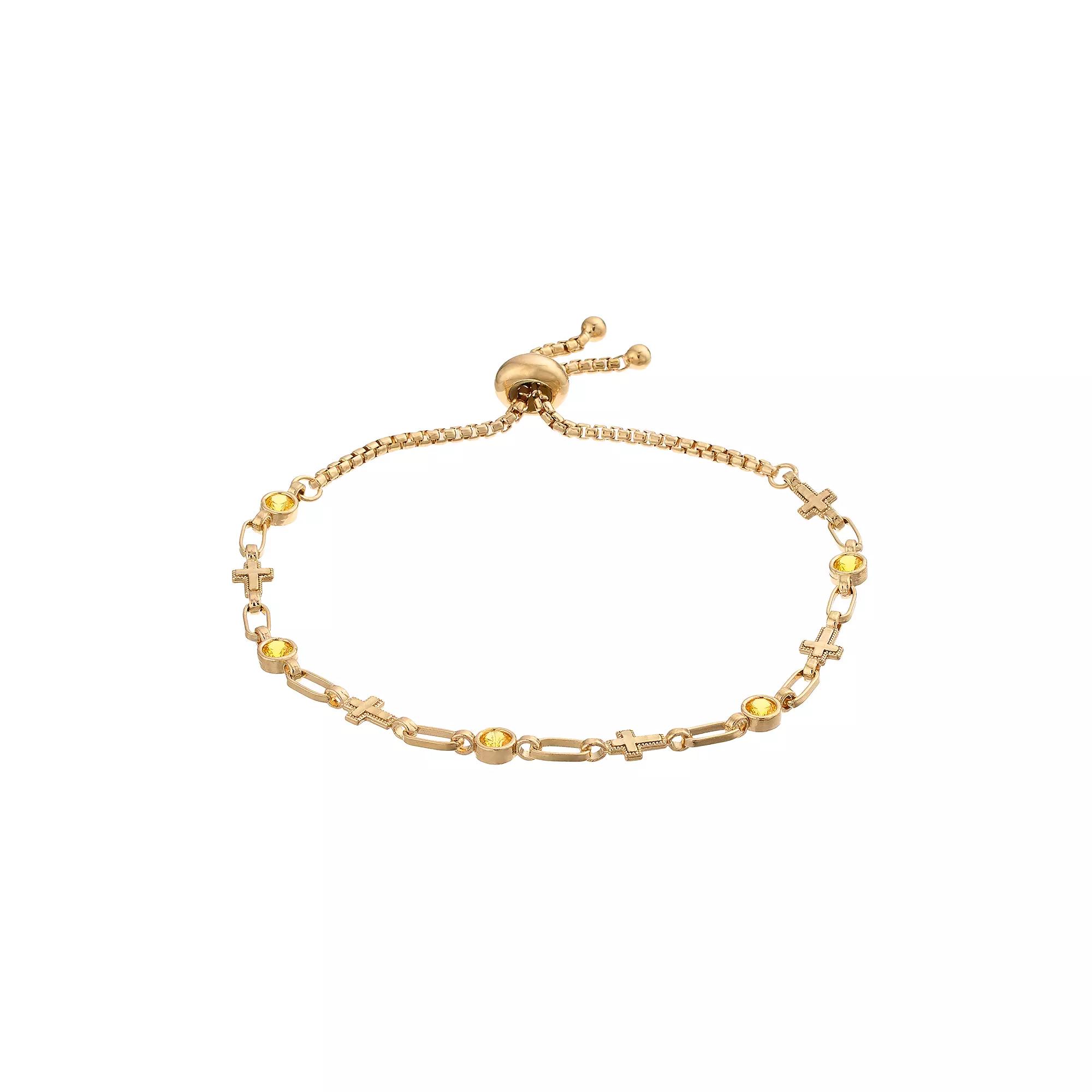 Kristen Kesho Sterling Silver Lab-Created Yellow Sapphire & Cross Link Adjustable Bolo Bracelet, Women's, Size: 9.50, Gold Tone Product Image