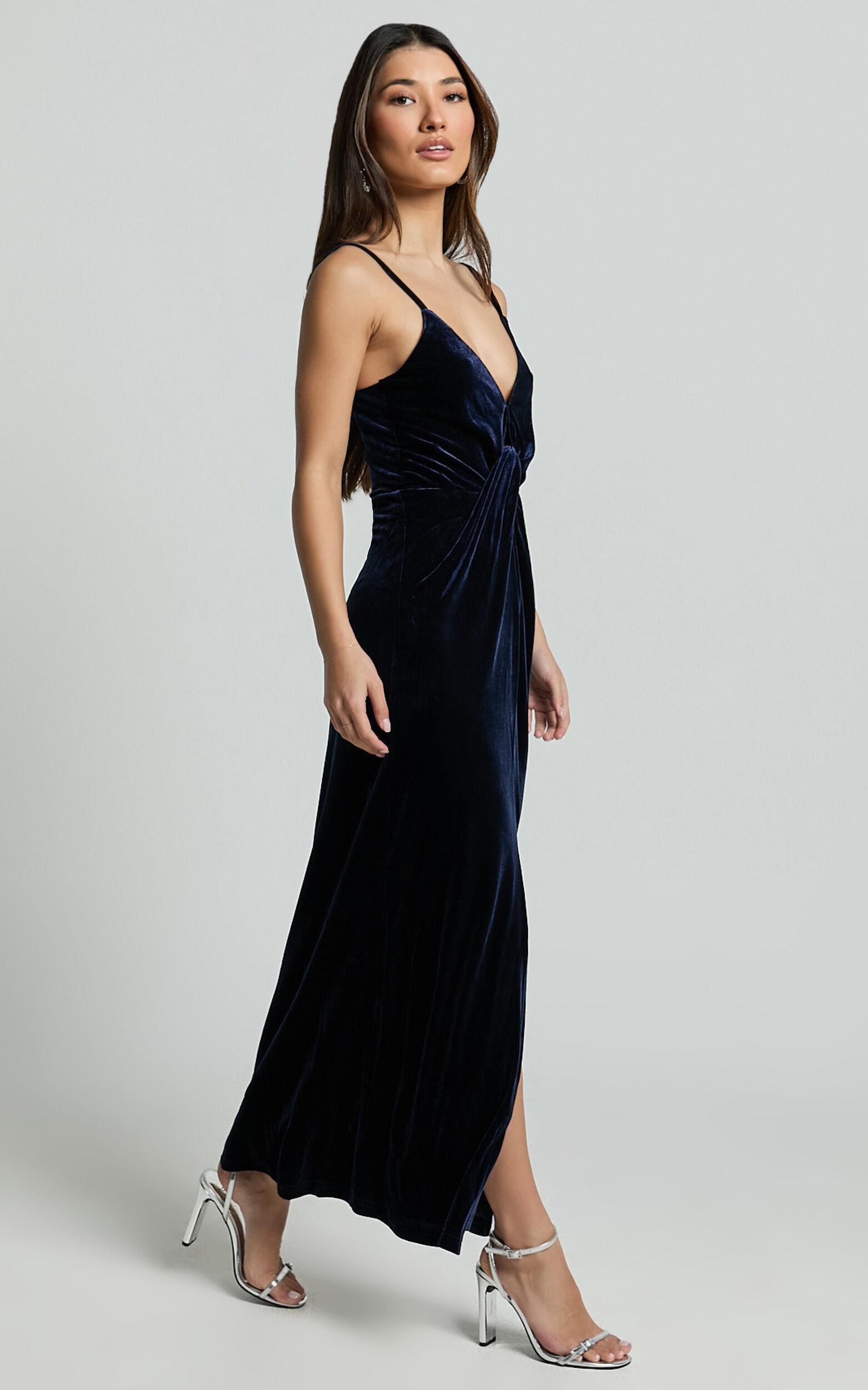 Rebecca Midi Dress - Front Twist Thigh Split Velvet Dress in Navy Product Image