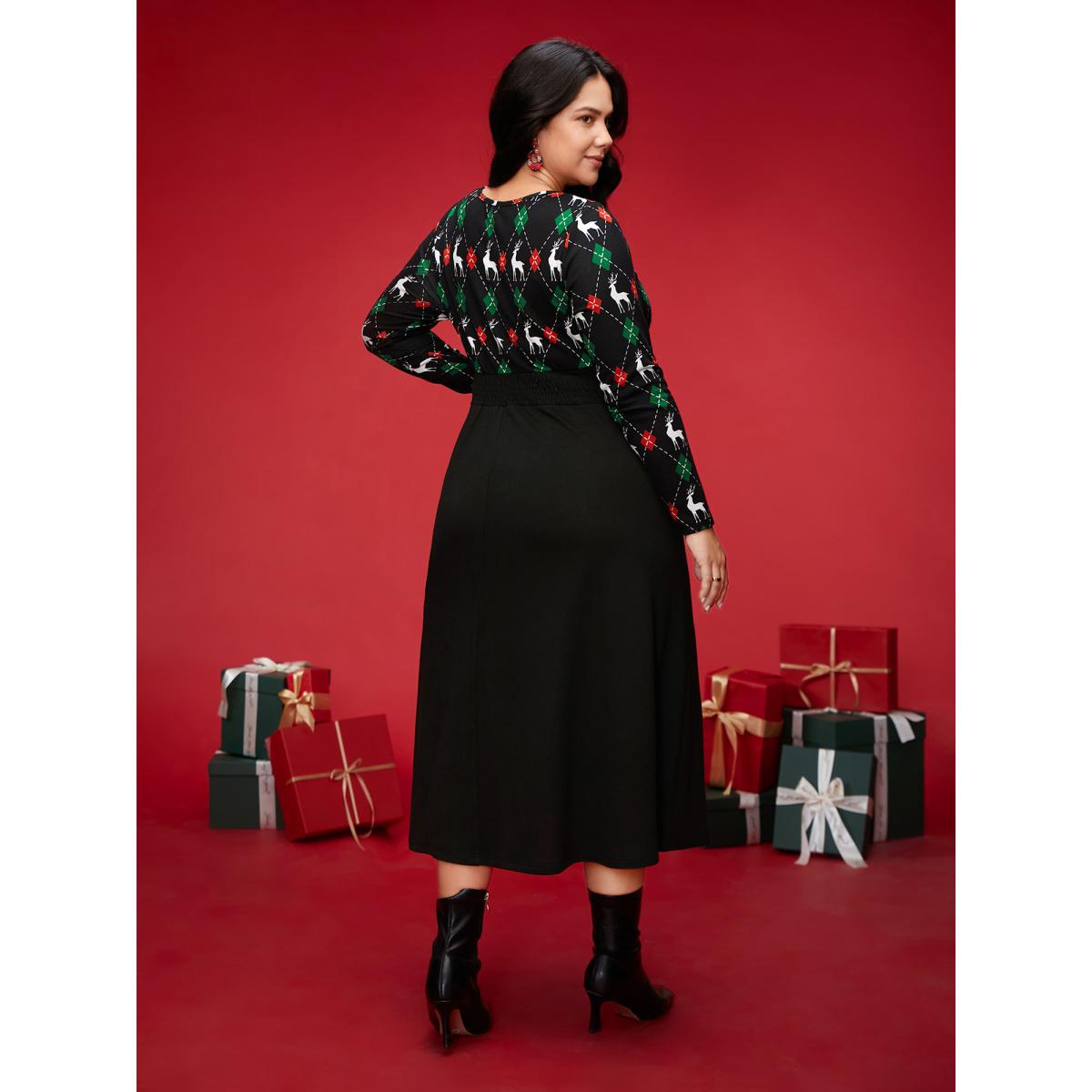 Plus Size Reindeer Printed Fit-and-Flare Midi Dress Black Women Casual Patchwork Party Curvy Bloomchic 18-20/2X Product Image
