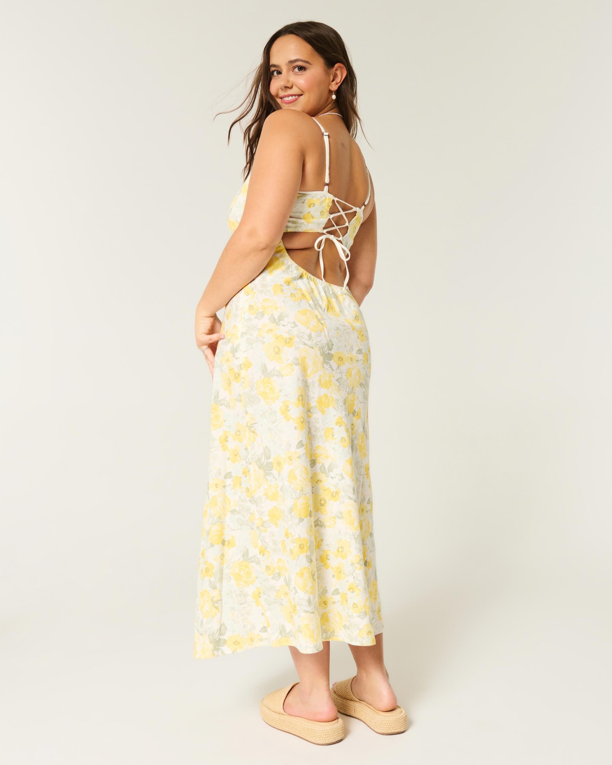 Linen-Blend Open Back Slip Midi Dress Product Image