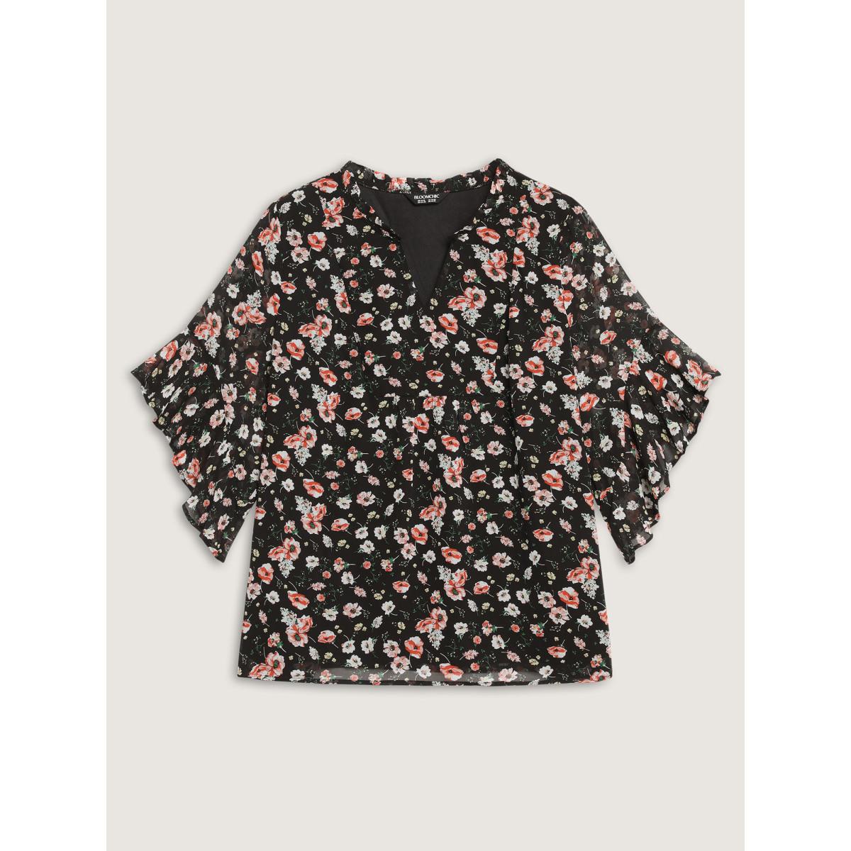 Plus Size Black Chiffon Floral Ruffled Sleeve Blouse Women Timeless Elbow-length sleeve Notched collar Elegant Blouses BloomChic 10/M Product Image