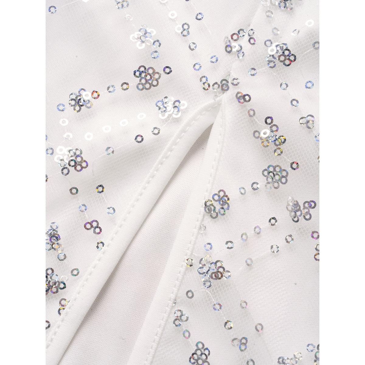 Plus Size Geometric Sequin Mesh Split Hem Midi Dress Silver Women Cocktail Texture V-neck Sleeveless Curvy BloomChic 14-16/1X Product Image