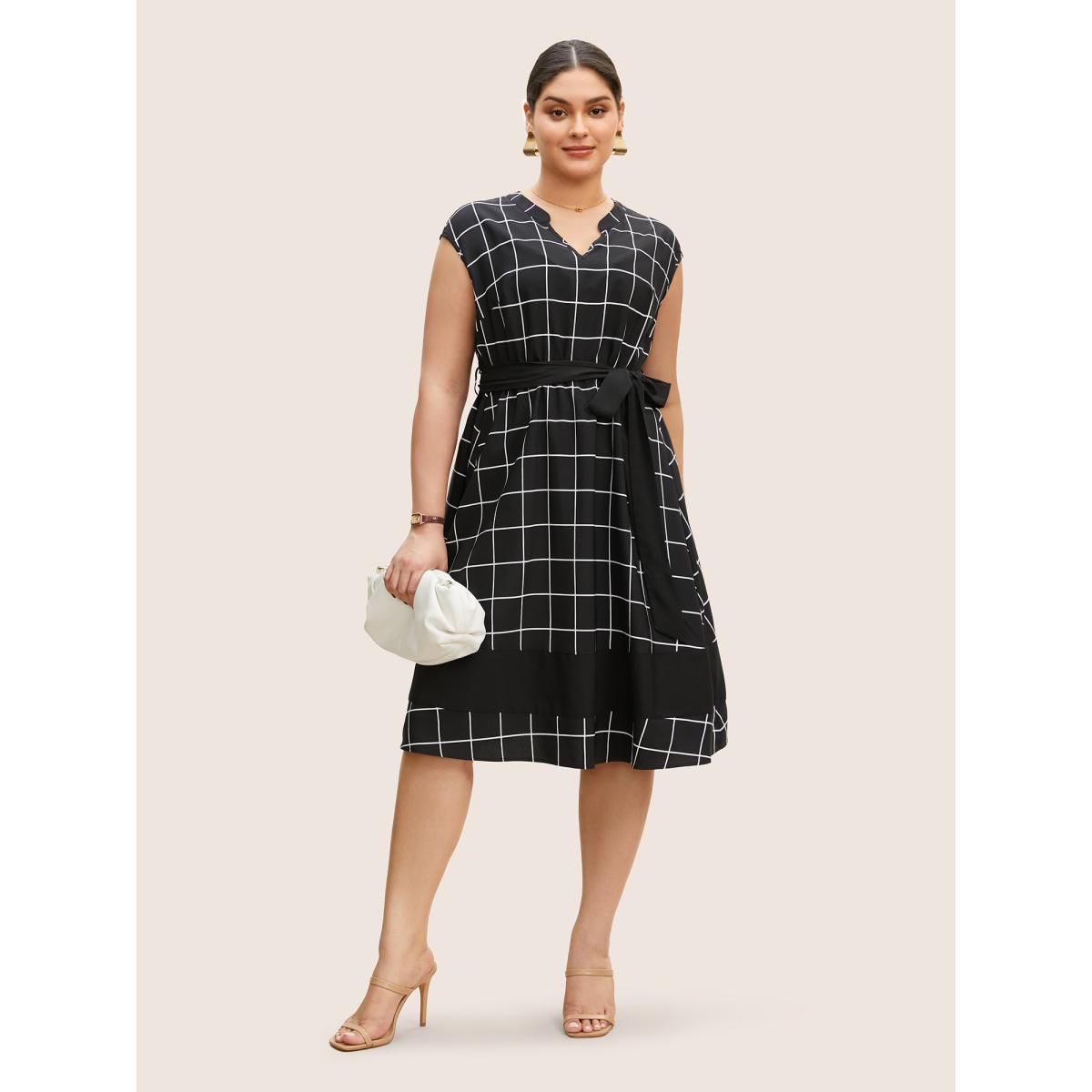 Plus Size Plaid Notched Belted Cap Sleeve Midi Dress Black Women Work From Home Belted Flat collar with V-notch Cap Sleeve Curvy BloomChic 22-24/3X Product Image