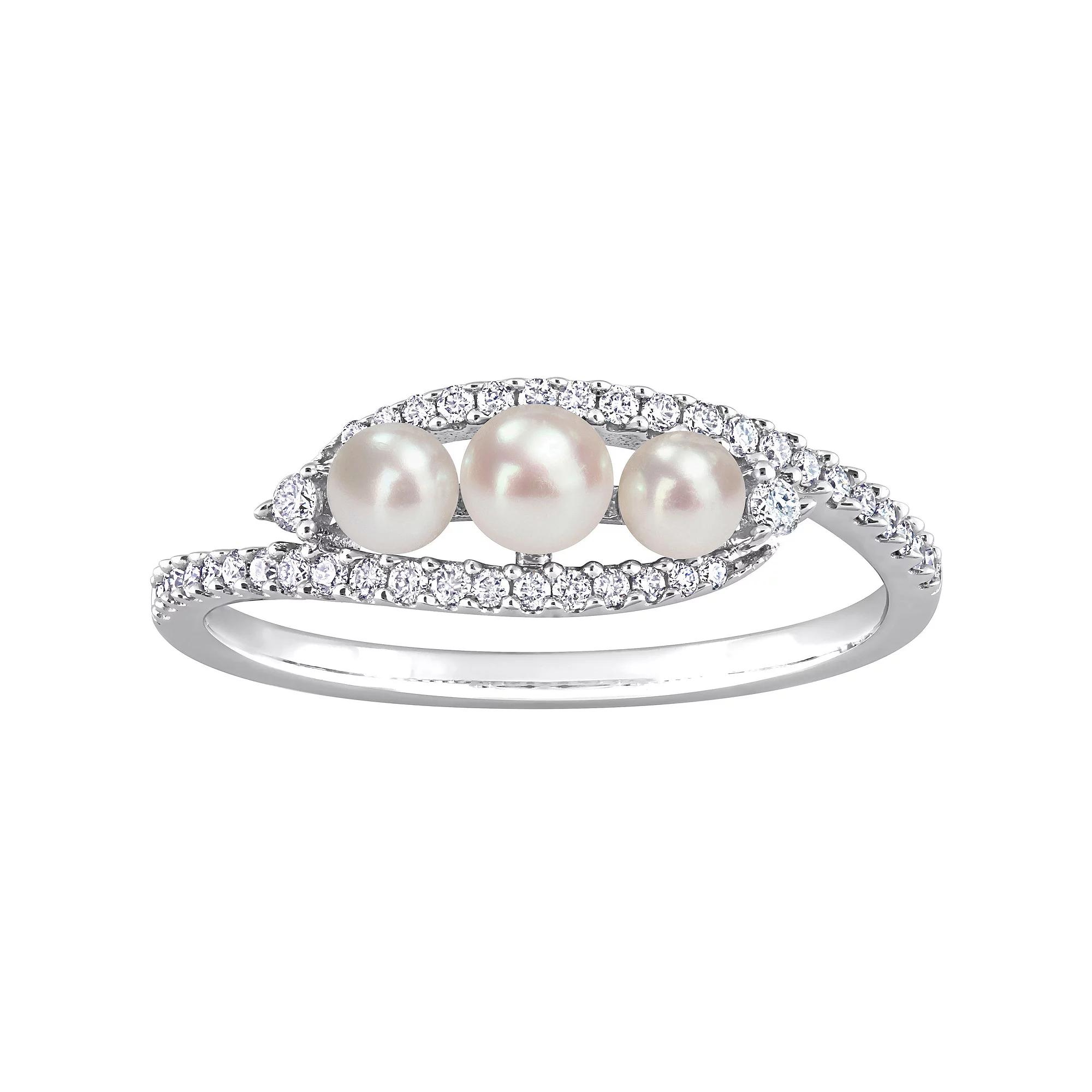 Stella Grace 14k White Gold Freshwater Cultured Pearl & 1/5 Carat T.W. Diamond Bypass Ring, Women's, Size: 9 Product Image