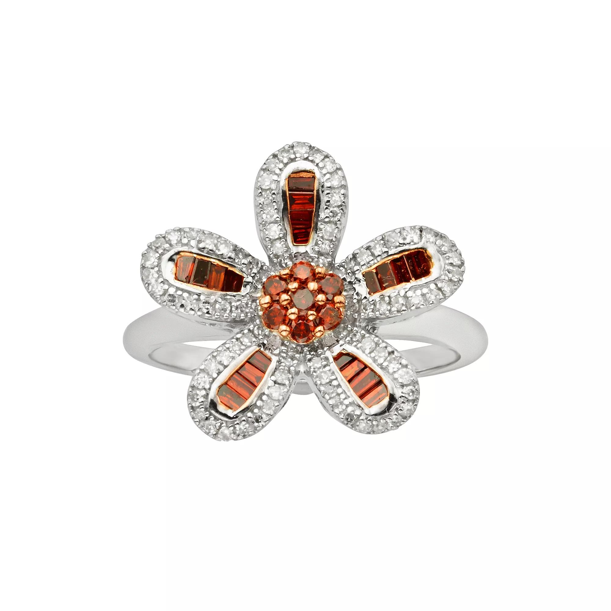 Jewelexcess Sterling Silver 1/2-ct. T.W. Red and White Diamond Flower Ring, Women's, Size: 7 Product Image