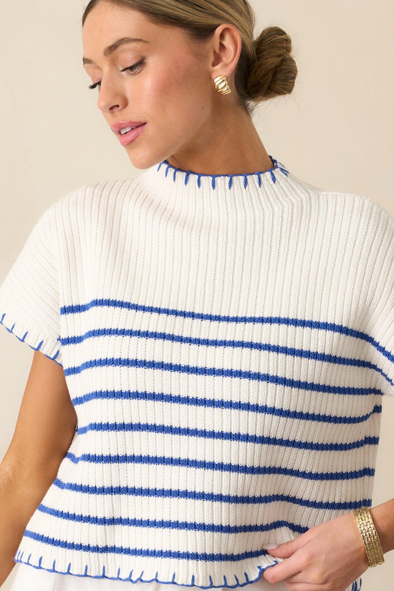 Mimosa Morning Cotton Ivory Stripe Short Sleeve Sweater Product Image