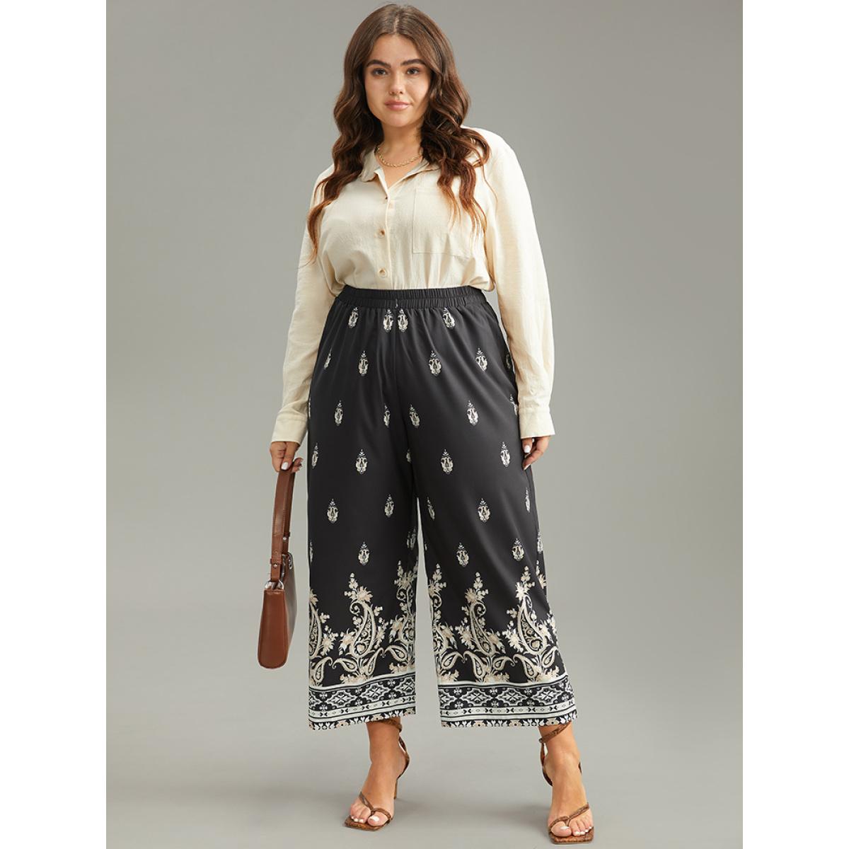 Plus Size Paisley High Rise Elastic Waist Pants Women Black Resort Wide Leg High Rise Vacation Pants BloomChic 30/6X Product Image