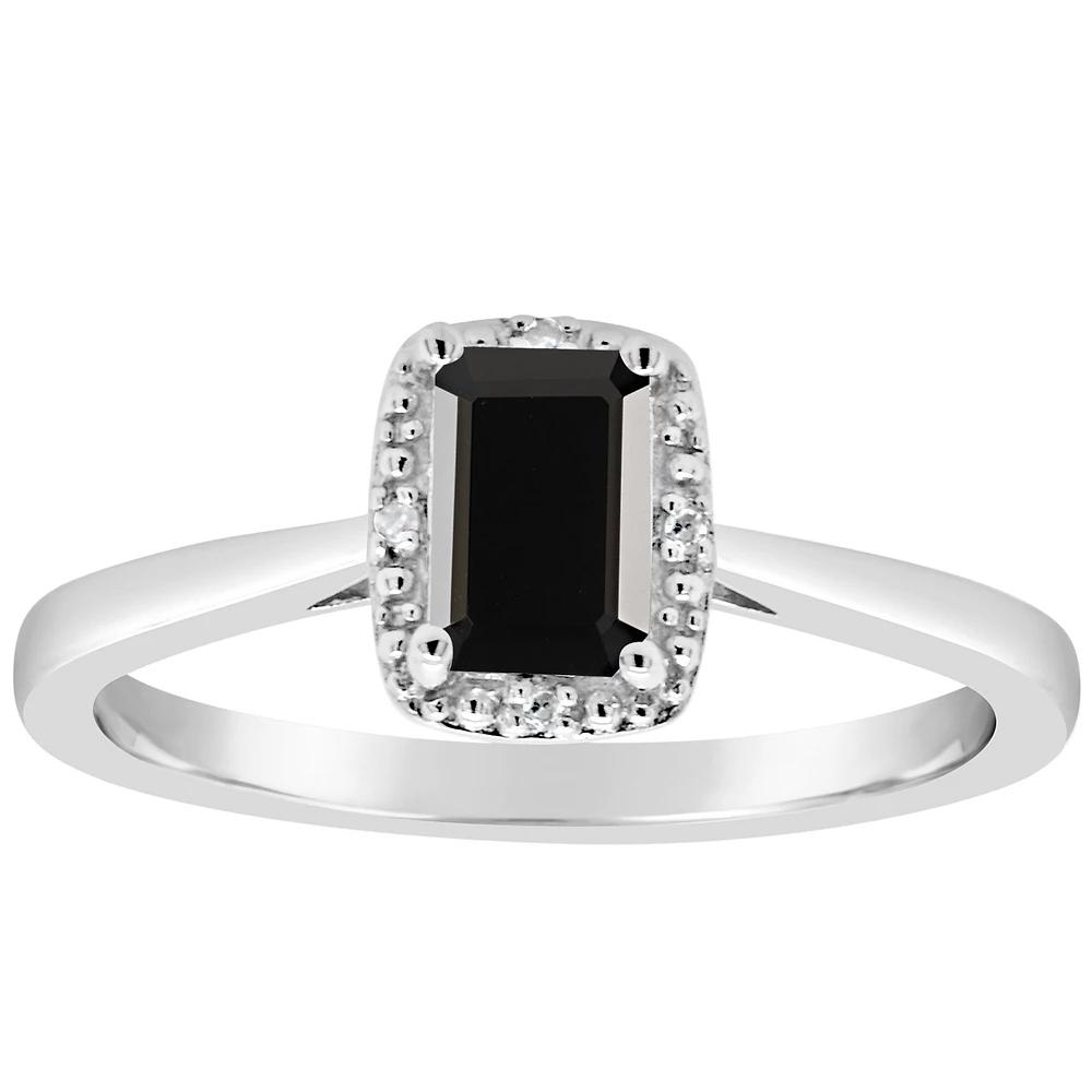 Celebration Gems Sterling Silver 6 mm x 4 mm Emerald Cut Onyx & Diamond Accent Halo Ring, Women's,  Product Image