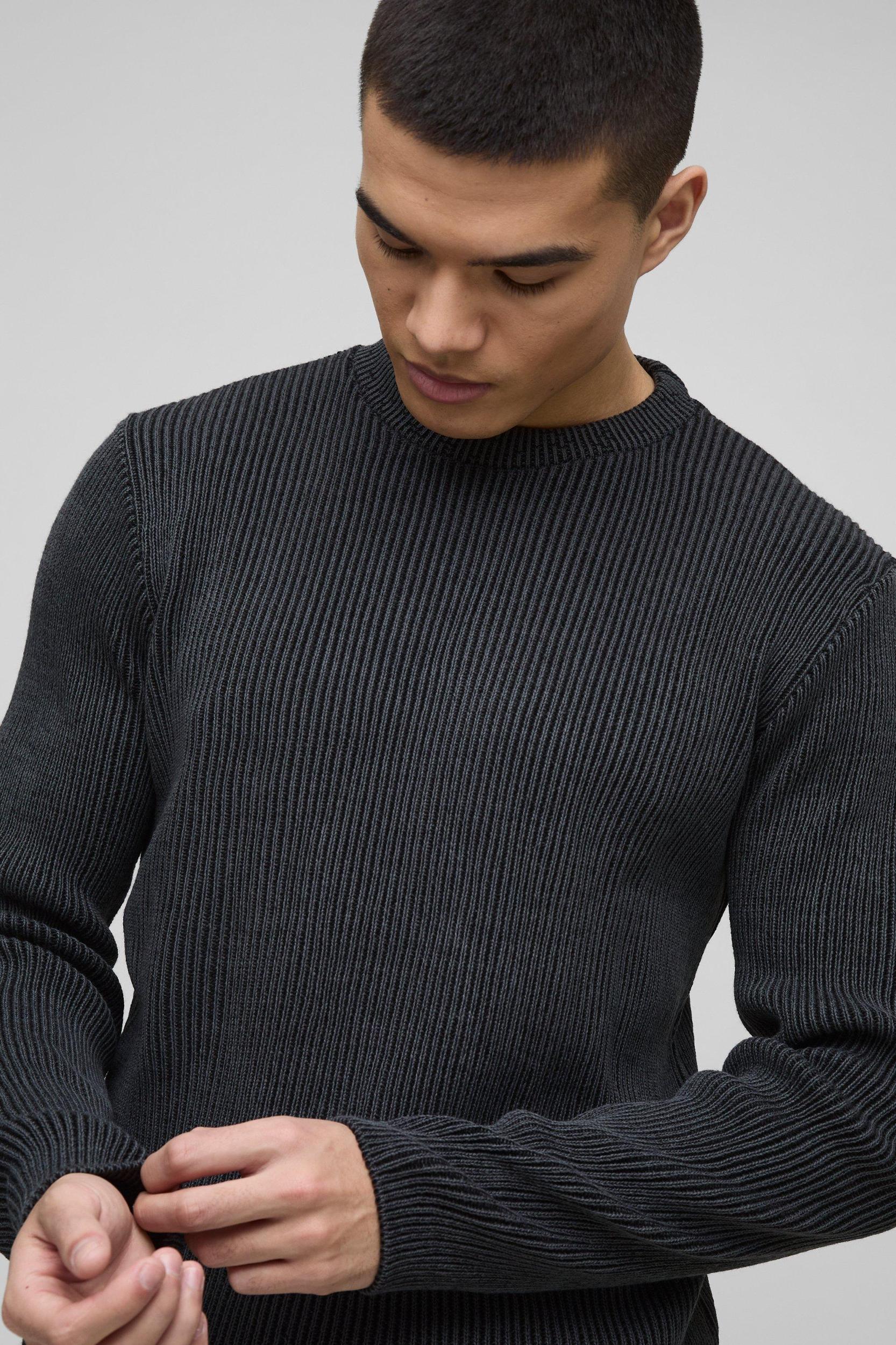 Regular Crew Neck Plated Ribbed Knit Sweater | boohooMAN USA Product Image
