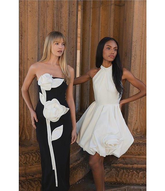 Mac Duggal Strapless 3D Satin Flowers Crepe Sheath Ankle Midi Dress Product Image