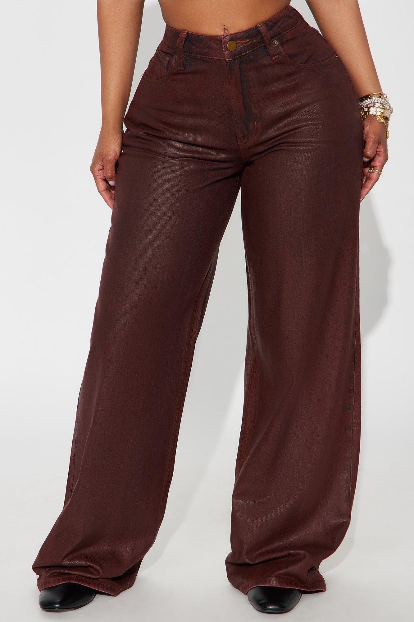 Play It Off Coated Wide Leg Jeans - Burgundy Female Product Image