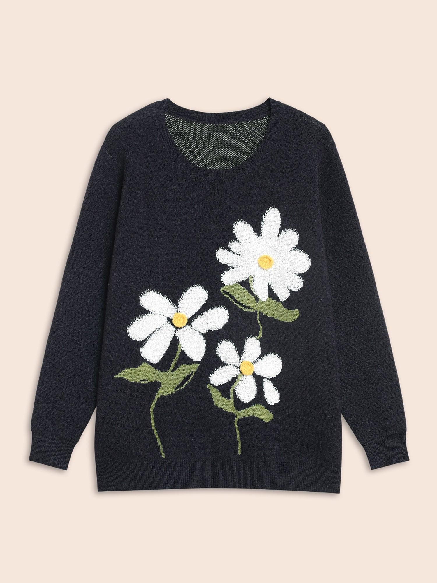 Round Neck Floral Contrast Texture Pullover Female Product Image