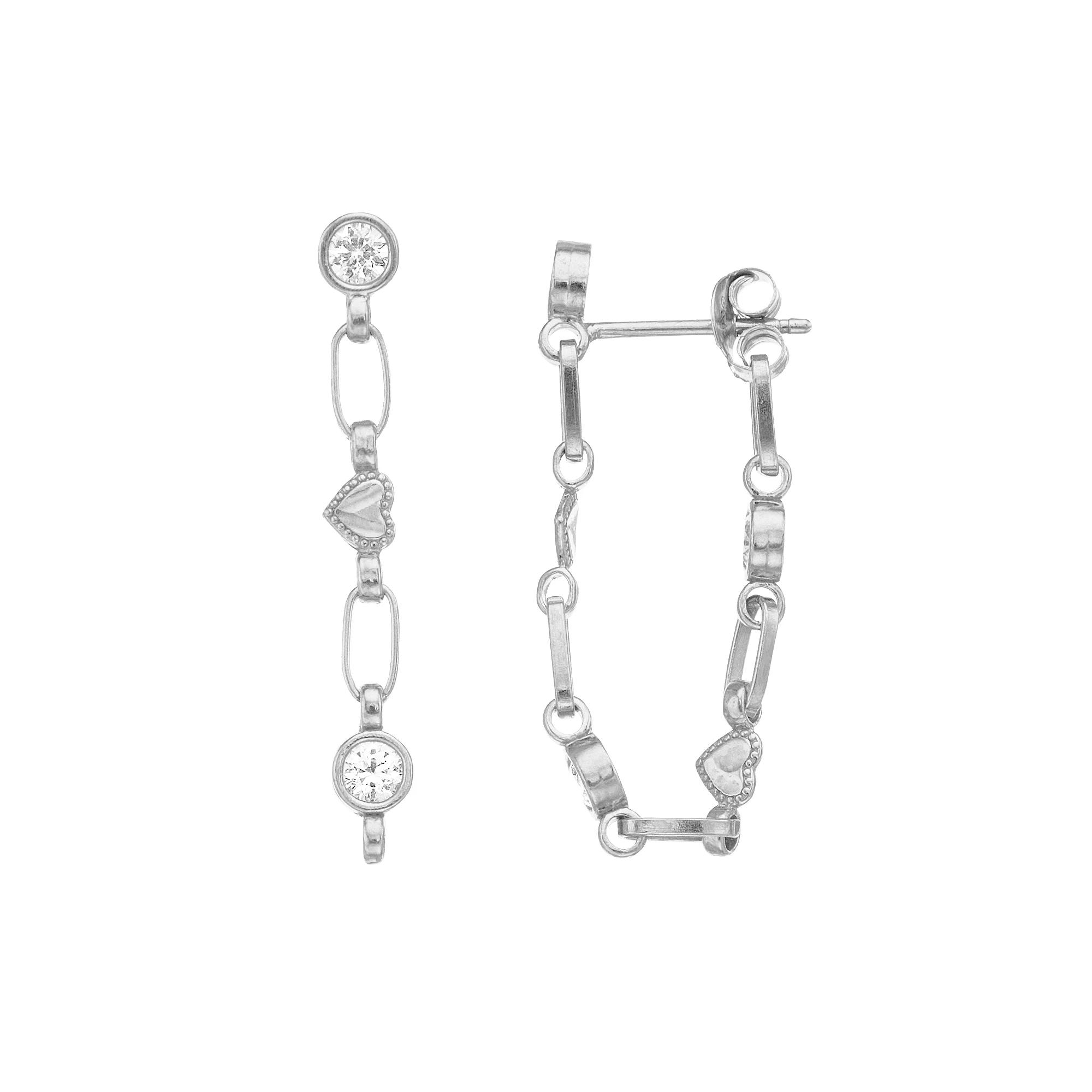 Kristen Kesho Sterling Silver Lab-Created White Sapphire Front-to-Back Heart Link Chain Hoop Earrings, Women's Product Image