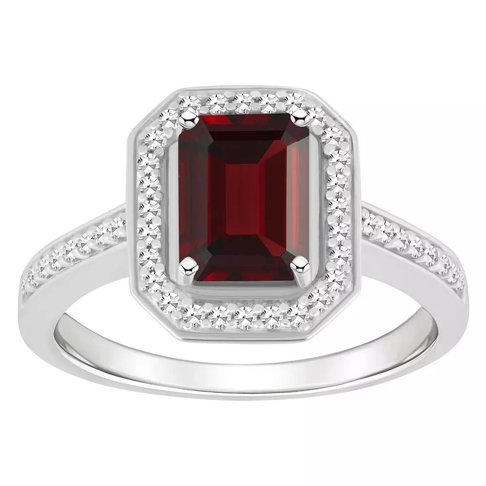 Celebration Gems Sterling Silver 8 mm x 6 mm Emerald Cut Gemstone & 1/5 Carat T.W. Diamond Halo Ring, Women's, Red Product Image