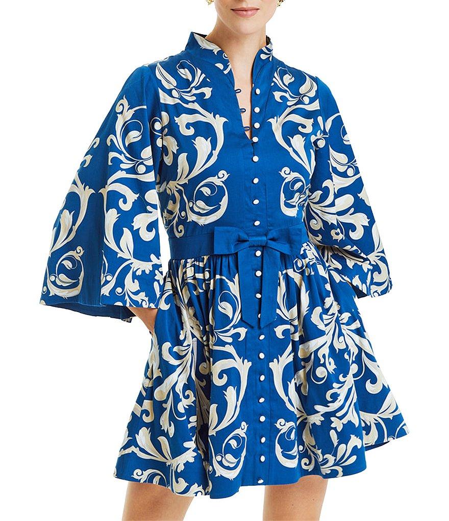 Mestiza New York Carmen Sateen Scroll Print Mandarin Collar 3/4 Full Sleeve Mini A-Line Dress Product Image